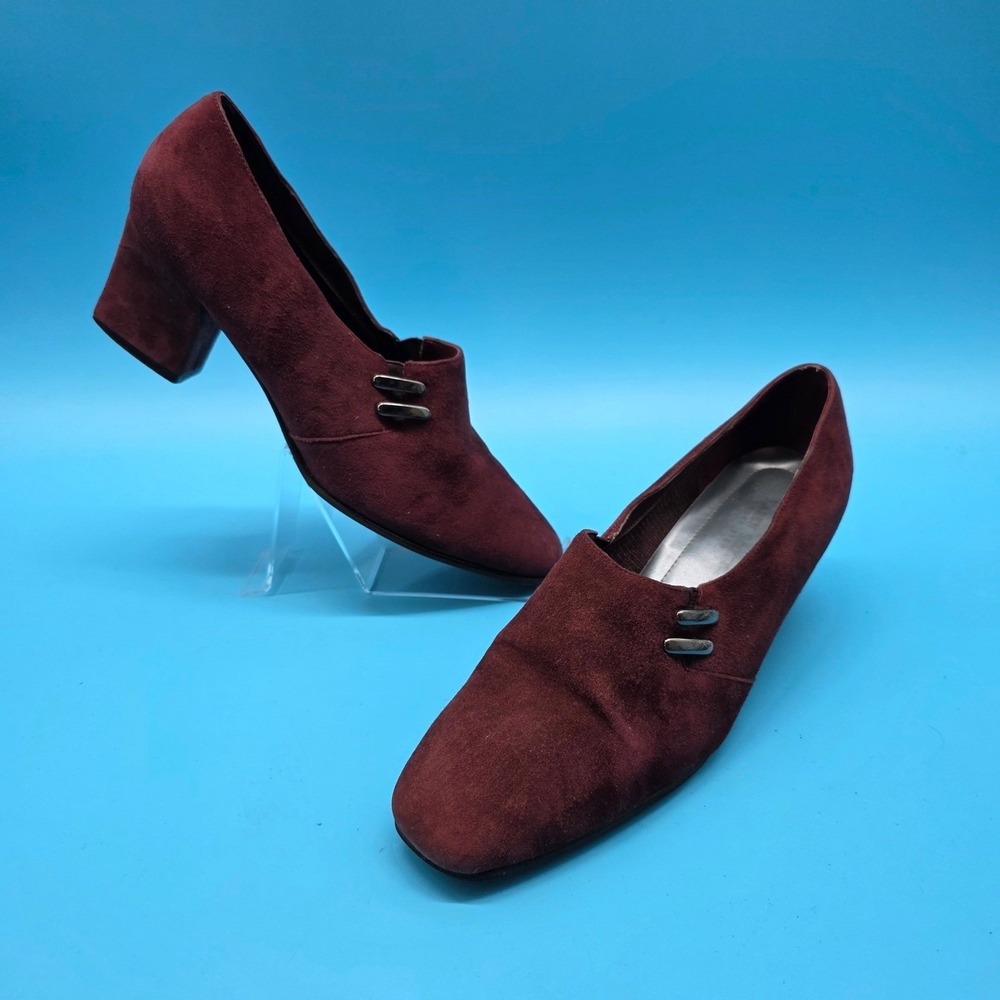 Karen Scott Soft Step Burgundy Faux Suede Block Heel Square Toe Pumps Size 8.5M